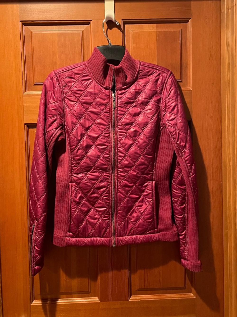 PRANA Small Diamond Quilted Jacket in Dark Berry color, Zip-up, Stand-up Collar
